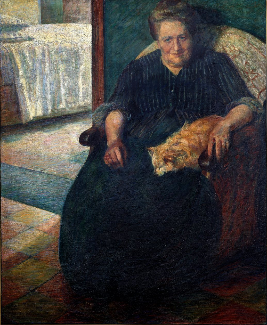 Madame Virginie (La signora Virginia) Testes nő portréja, ül, macskája a térdén. Umberto Boccioni (1882-1916) festménye 1905 V. 140x115,5 cm Milánó, Museo del Novecento alkotó: Umberto Boccioni
