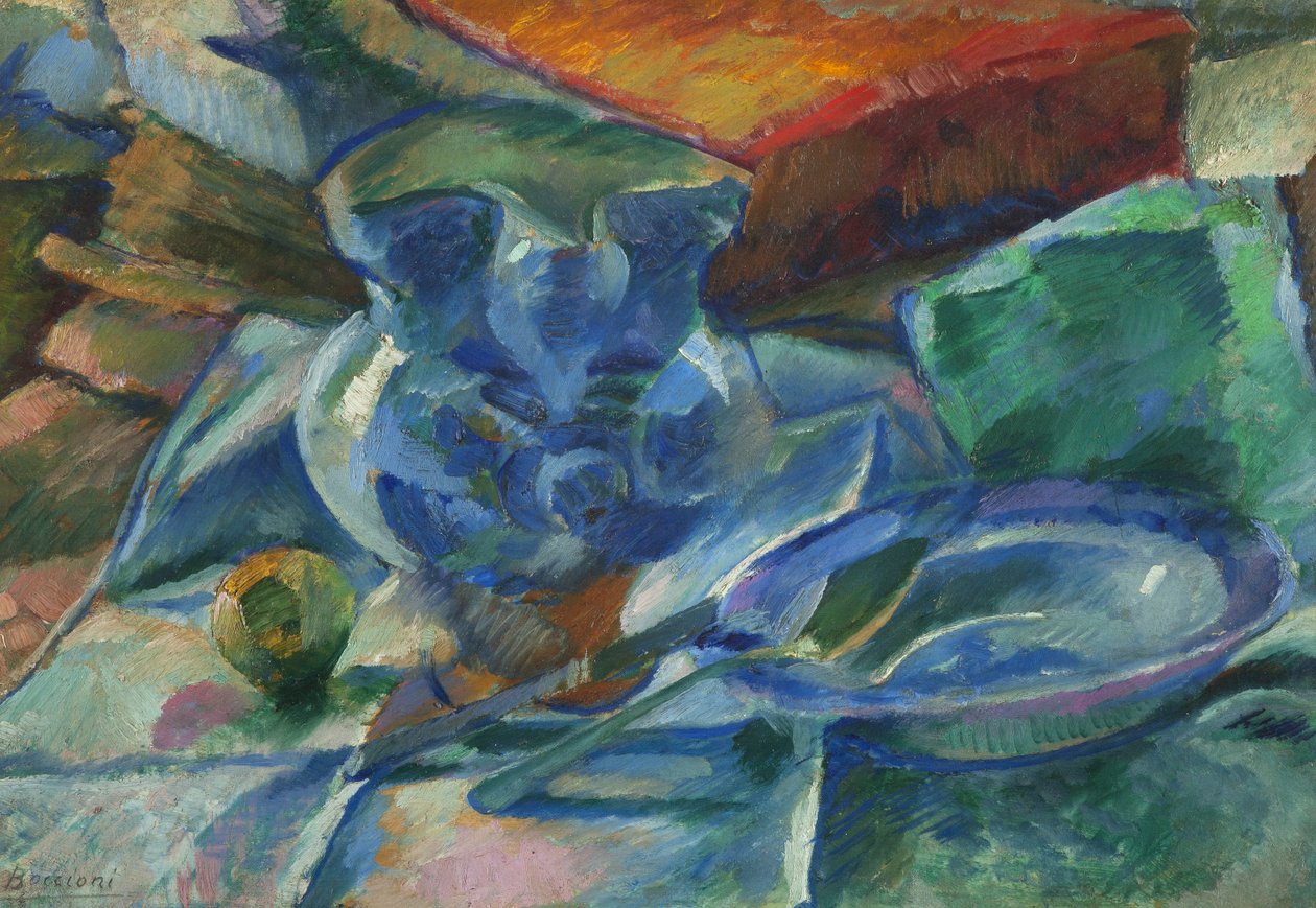 Csendélet cserépedényekből, evőeszközökből és gyümölcsökből, 1915 alkotó: Umberto Boccioni