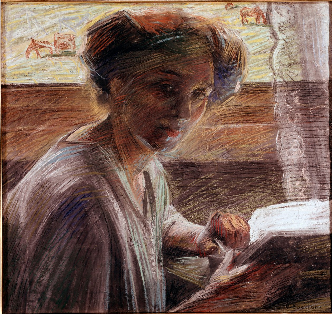 Umberto Boccioni (1882-1916) pasztellfestményét olvasó festő nővérének portréja 1908 V. 54x58 cm Velence, Galleria d
