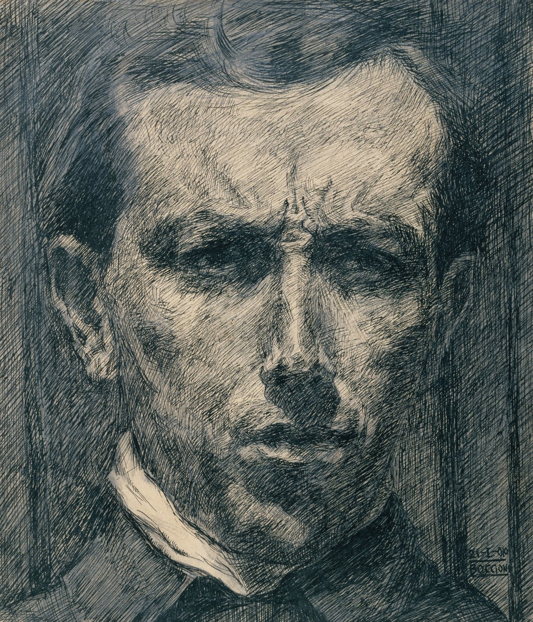 Önarckép, 1910 (tinta, mosás és grafit papíron) alkotó: Umberto Boccioni