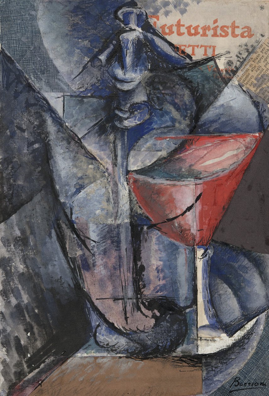 Csendélet: Üveg és szifon, 1914 körül (kollázs, gouache, toll és tinta) alkotó: Umberto Boccioni