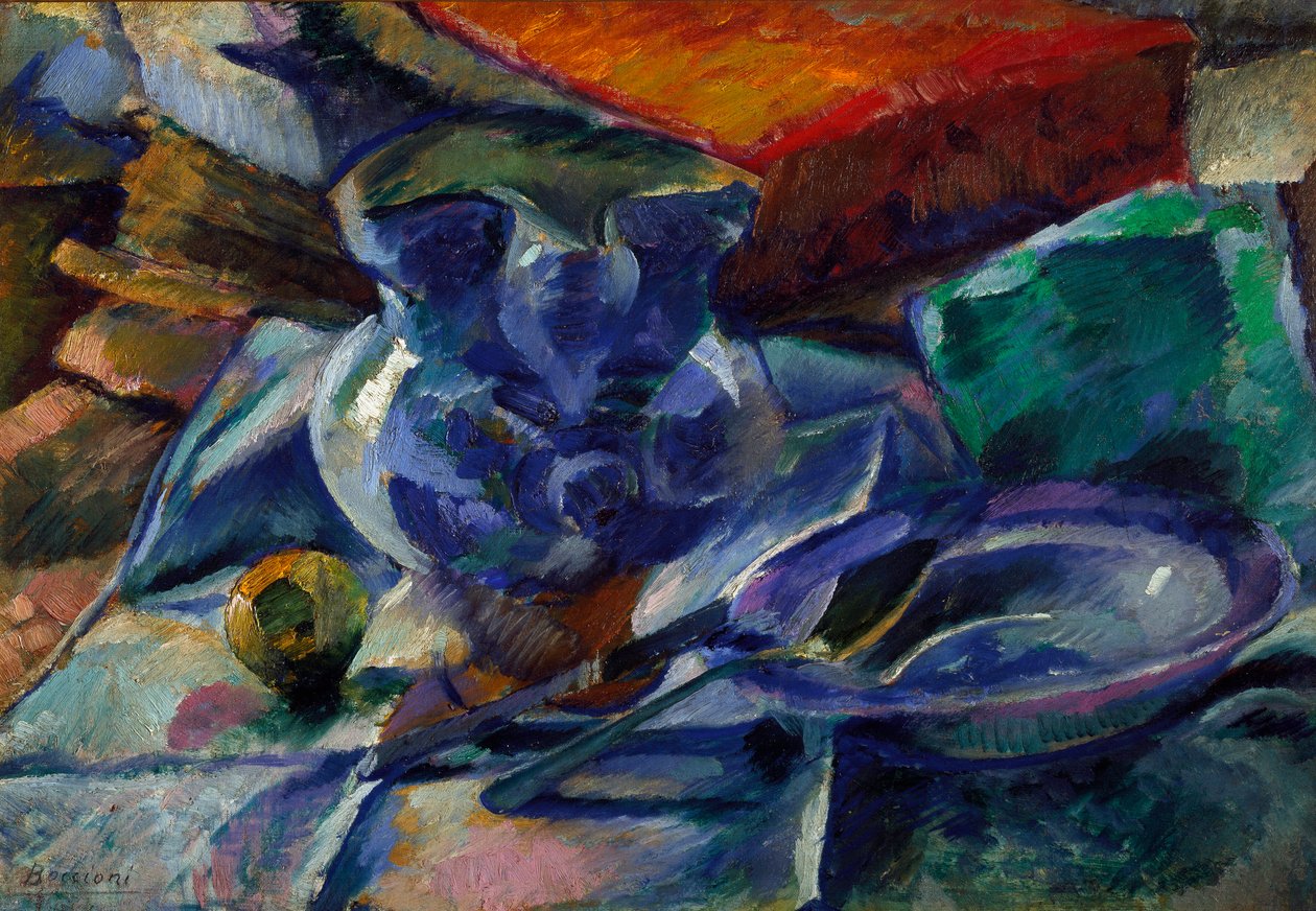 Umberto Boccioni (1882-1916) Csendélet kannával, tállal és evőeszközökkel festménye 1916 Dim. 35x50 cm Milano, Civico Museo d