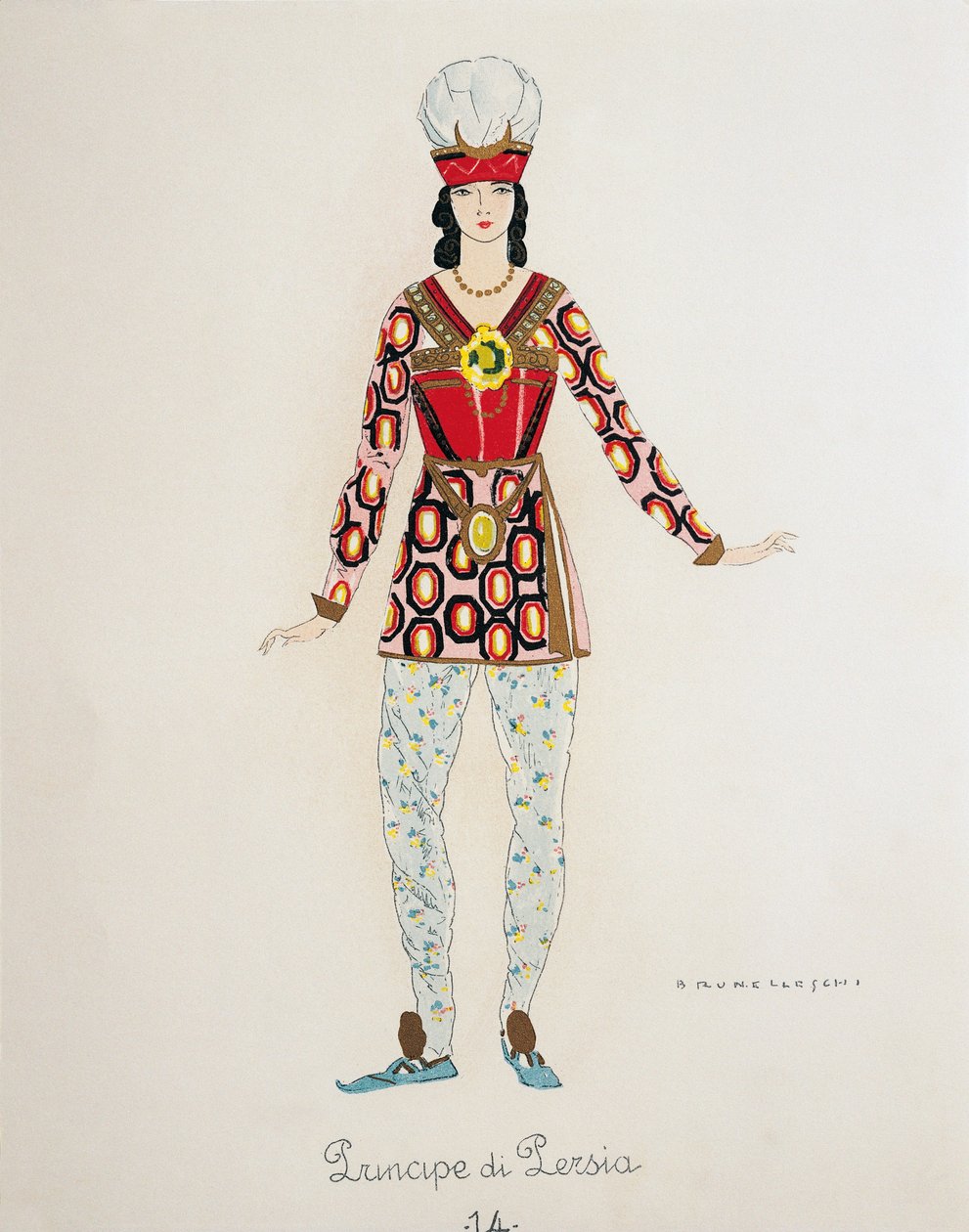 Jelmez Perzsia hercegének Turandotból, Giacomo Puccini, Umberto Brunelleschi (1879-1949) vázlata az opera első előadására a milánói Teatro alla Scalában, április 25-én alkotó: Umberto Brunelleschi