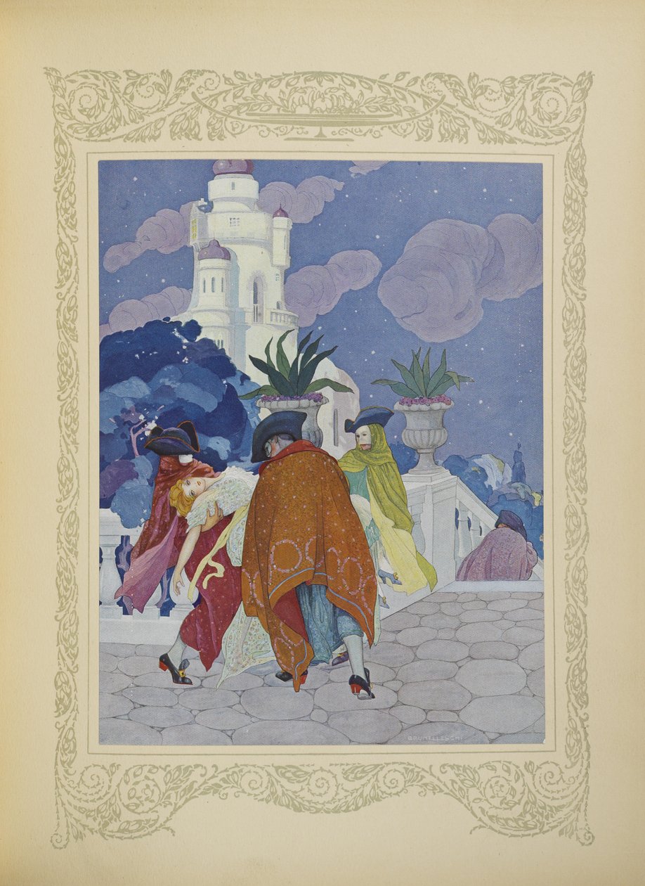 Négy álarcos férfi vitte fel a torony tetejére, illusztráció a „Contes du Temps Jadis” vagy „Múlt idők meséiből”, 22. o. alkotó: Umberto Brunelleschi