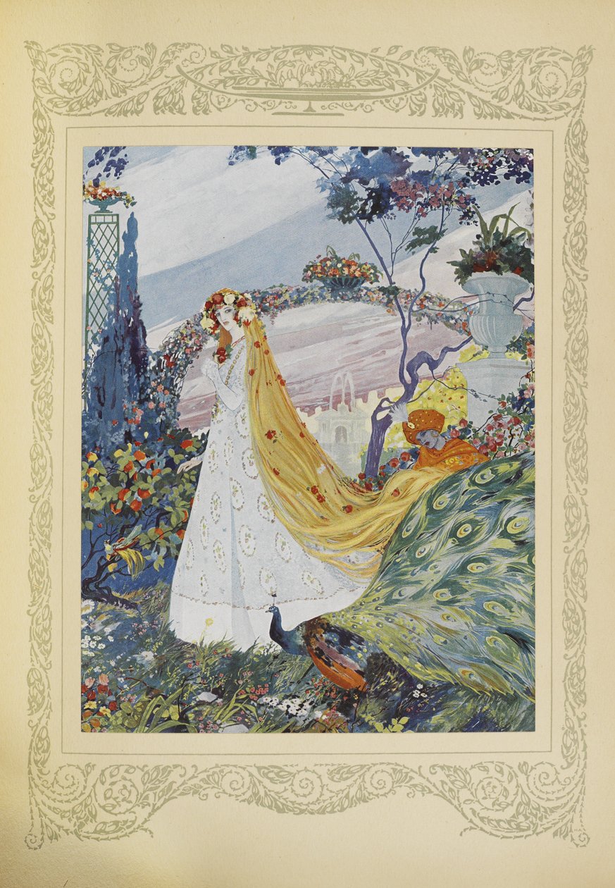 Göndör haját mindig virágkoronával takarta a fején, a „Contes du Temps Jadis” vagy a „Tales from Times Past” illusztrációja, 10. o. alkotó: Umberto Brunelleschi