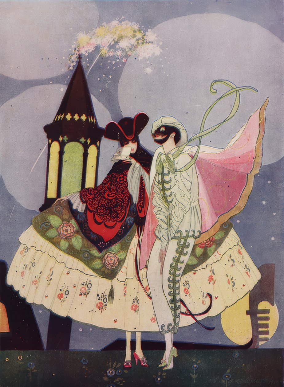 Két velencei maszk és egy gondola a Carnevale-i üzemben alkotó: Umberto Brunelleschi