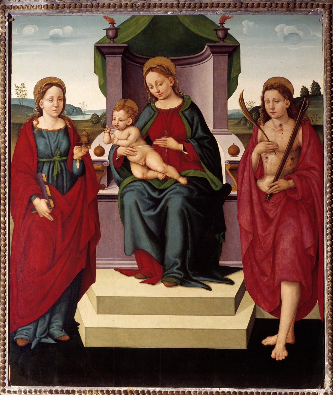 Madonna a trónon Szent Magdolna és Sebastian között (olaj, vászon alkotó: Umbrian School