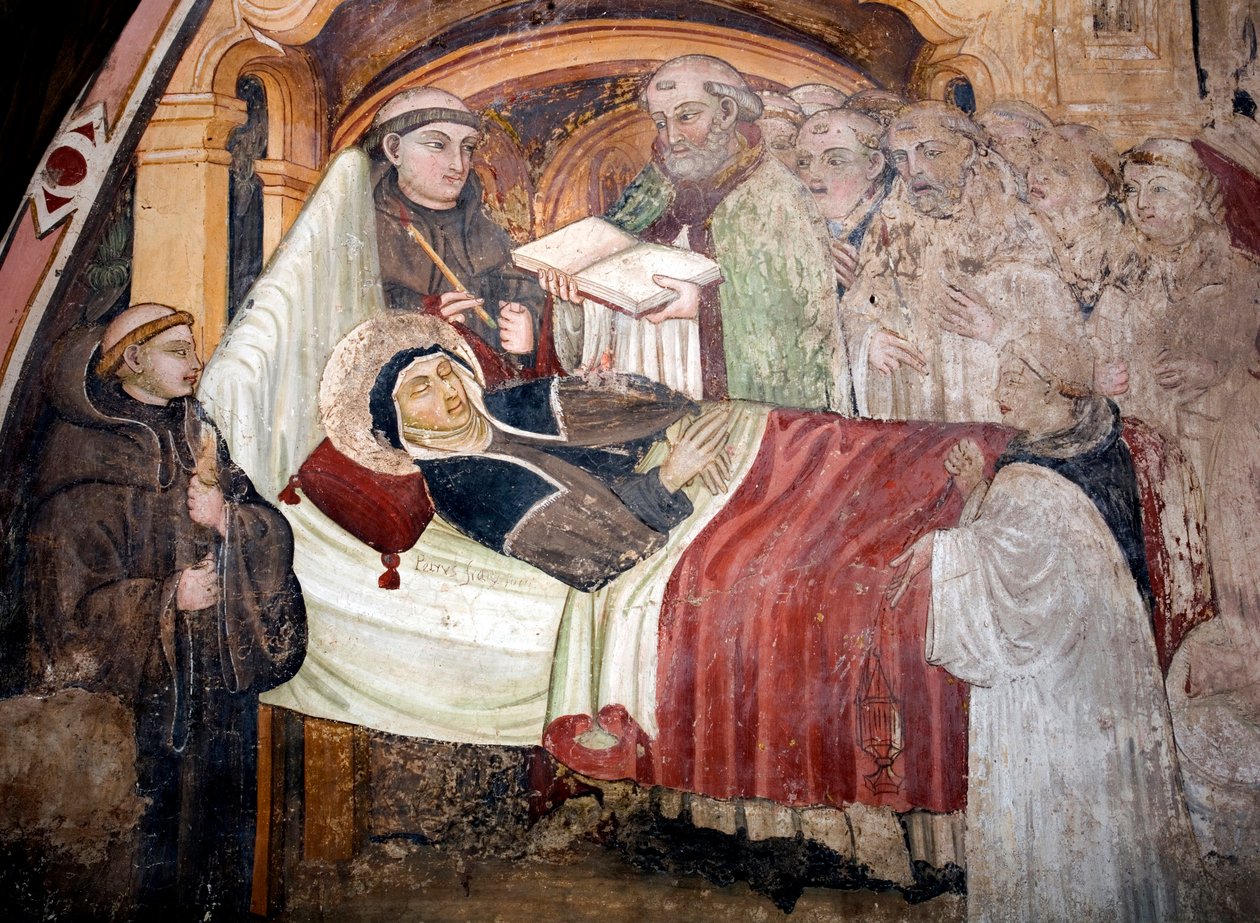 Szent Scolasticus halála (480-543), Nursie-i Szent Benedek testvére. Bencés szerzetesek veszik körül. Az umbriai iskola freskója a 15. századból. Szent Benedetto kolostor (Sacro Speco), Subiaco (Róma), Olaszország alkotó: Umbrian School