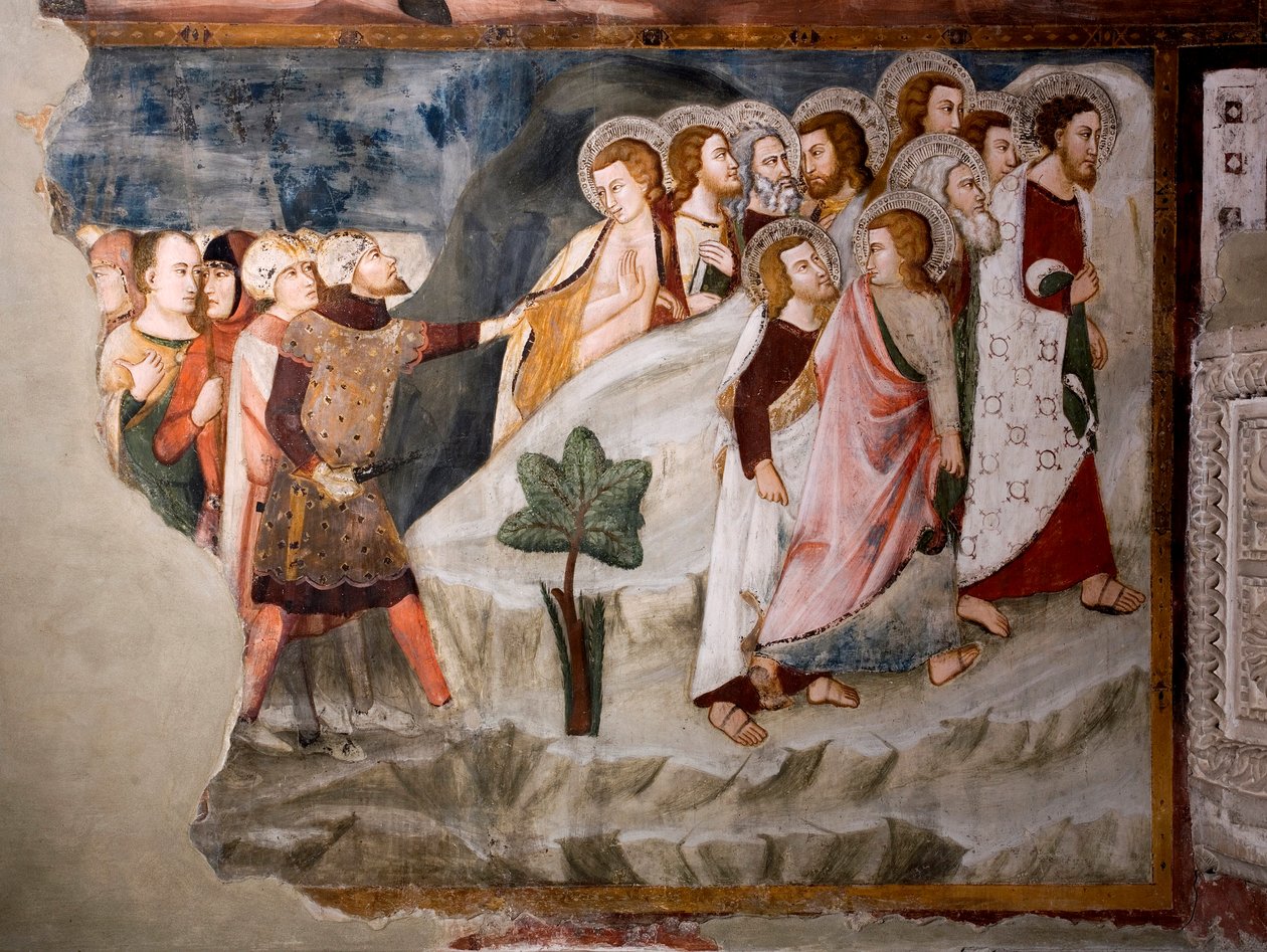 Menekülés az apostoloktól. Részlet. Az umbriai iskola freskója a 15. századból. Felsőbbrendű templom. Szent Benedetto kolostor (Sacro Speco), Subiaco (Róma), Olaszország alkotó: Umbrian School