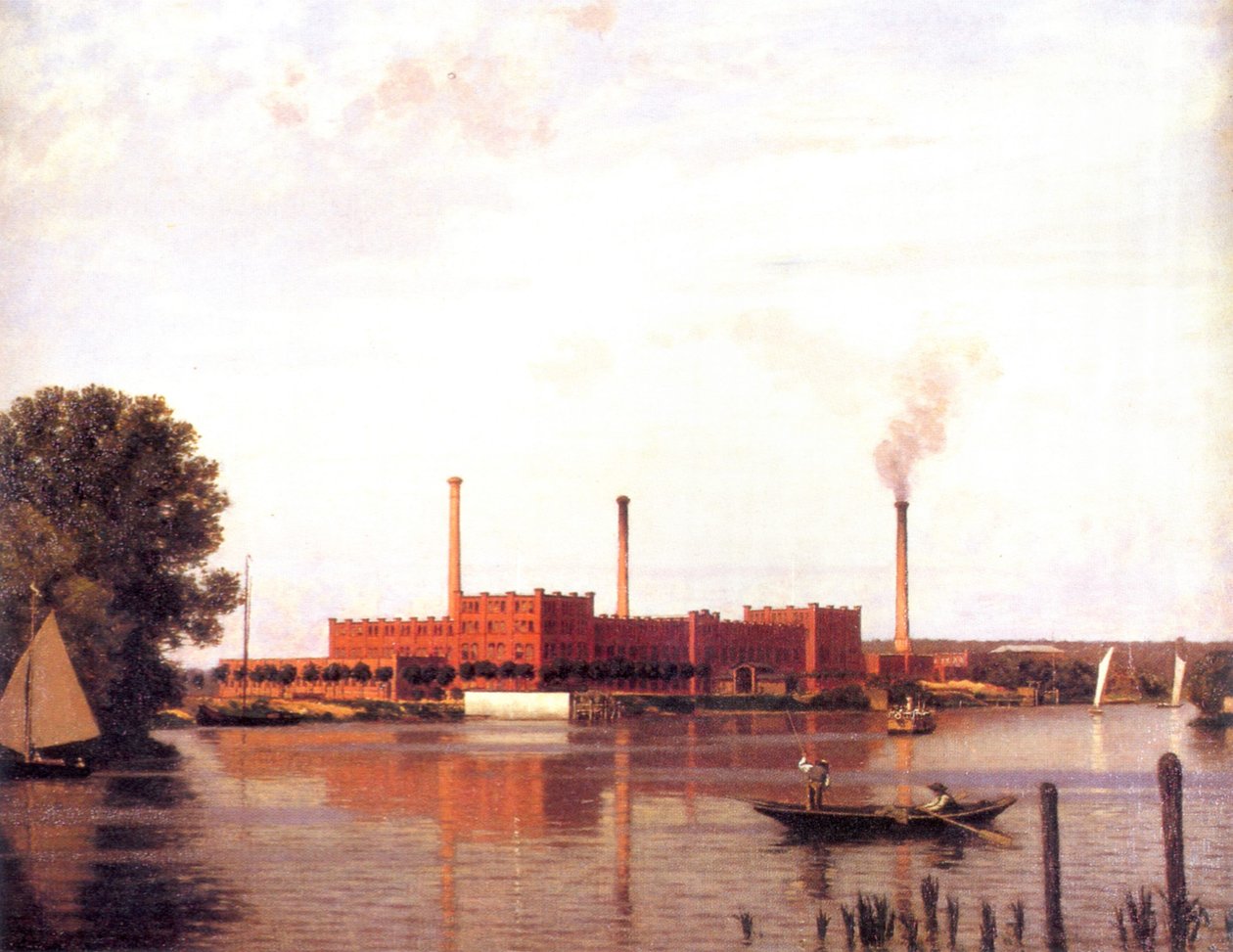 Berlin - Mosó- és festőipari vállalat Spindler a Spree -folyónál Köpenick közelében, ismeretlen művész festménye 1881 alkotó: Unbekannt Unbekannt