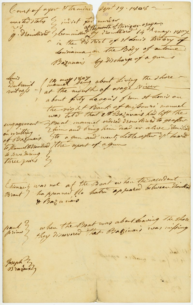 Drouillardot vádolták Antoine Bazanais [Antoine Bissonet] meggyilkolásával az Osage folyó torkolatánál, 1807. május 14 -én. alkotó: Unbekannt Unbekannt