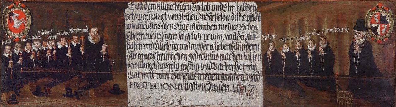 Peter Paul von Mörl von Pfalzen zu Mühlen és Sichelburg, felesége Margret von Rost zu Aufhofen és Kehlburg és gyermekeik sírfelirata alkotó: Unbekannt Unbekannt