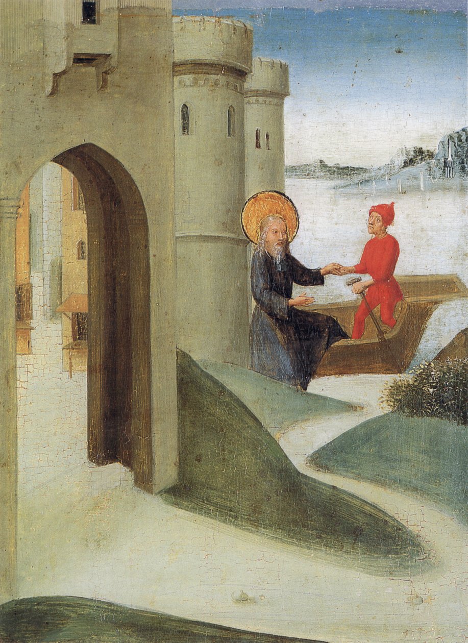 Weingartener Heilig-Blut-Tafel 1489-ből. Landesmuseum Württemberg, Stuttgart.   4. tábla: Longinus elhagyja Jeruzsálemet, és hajón Olaszországba megy alkotó: Unbekannt Unbekannt