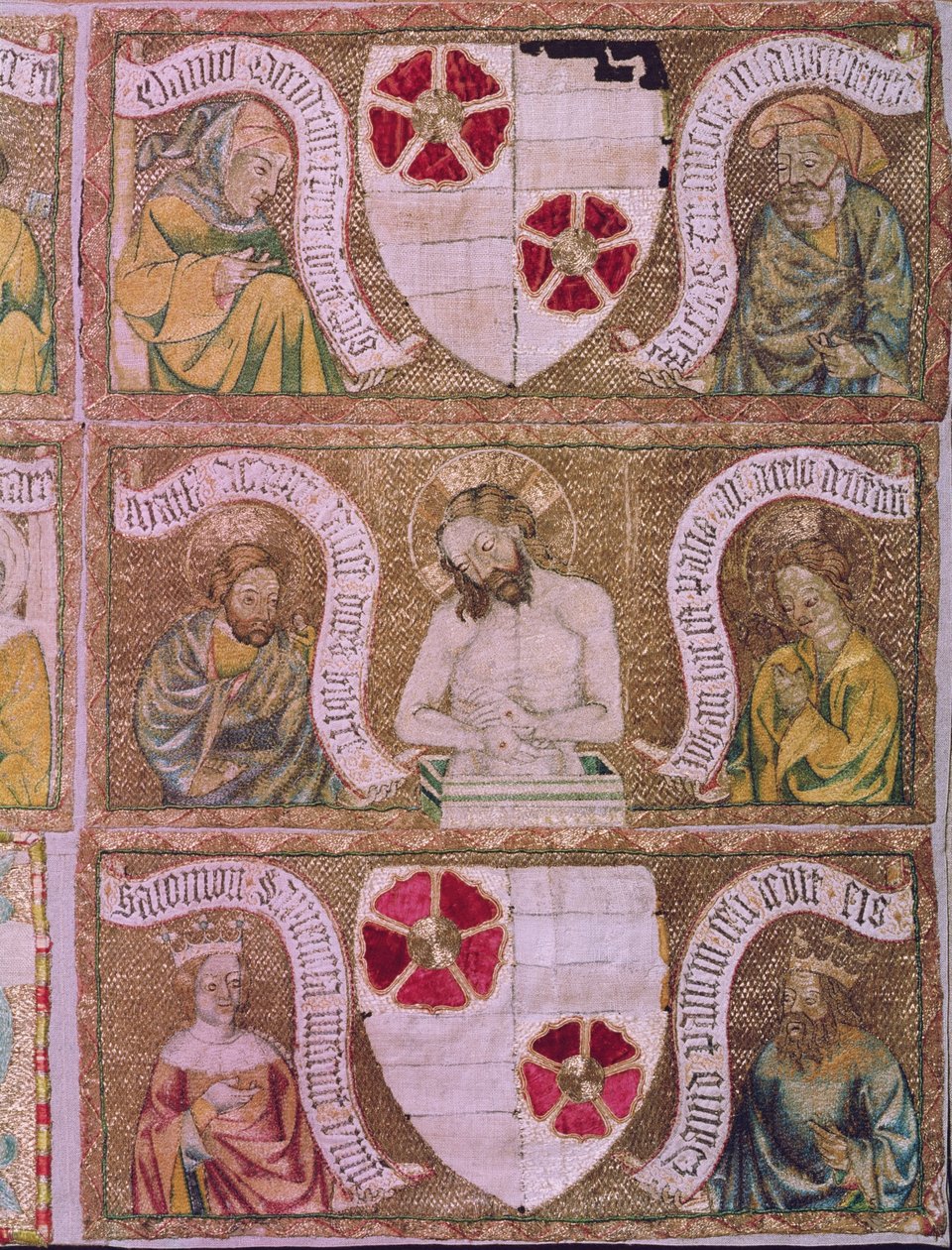 Krisztus, mint a fájdalmak embere Szent Mátéval és Szent János ószövetségi prófétákkal és királyokkal, részlet a treboni oltár homlokzatáról, Csehország, 1370-1380 körül (hasított selyemöltés a heverő arany hátterén) alkotó: Unbekannt Unbekannt