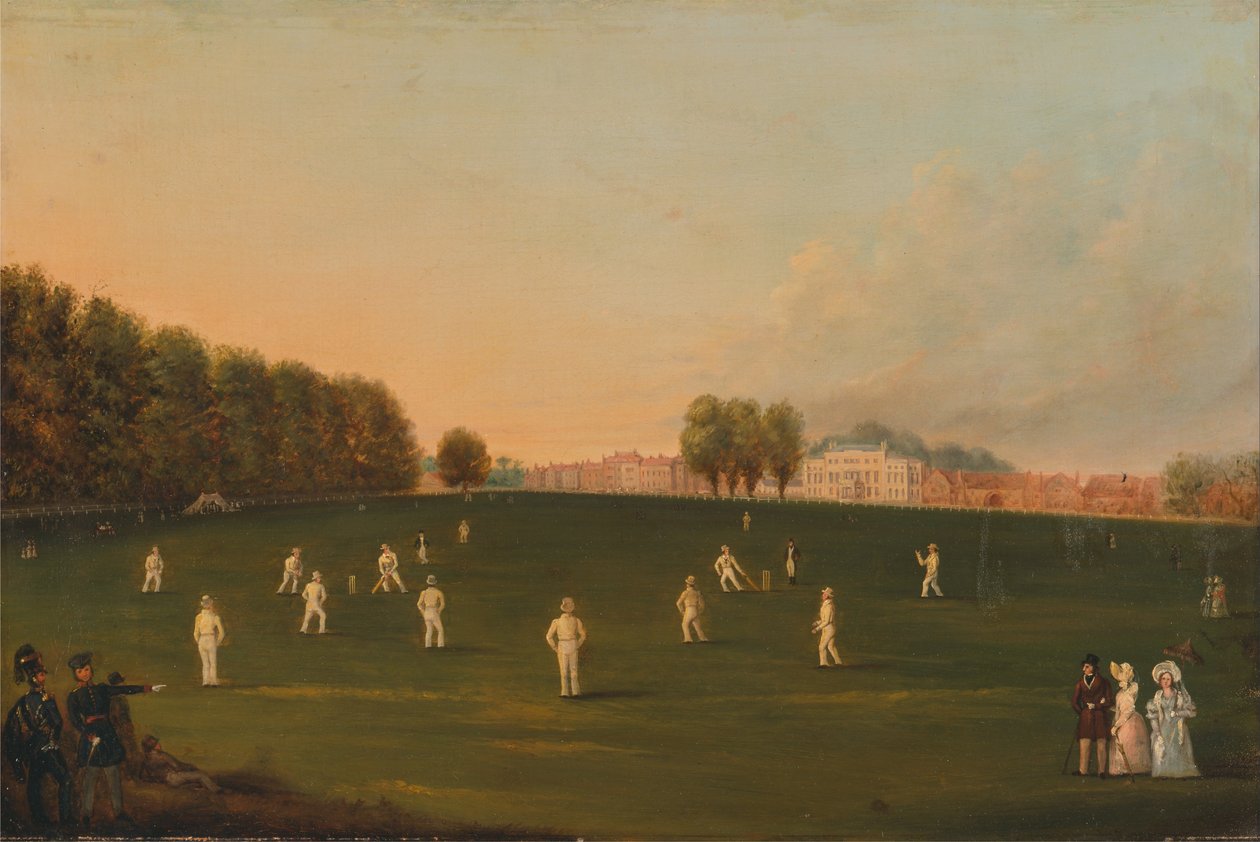 Az első nagy krikettmeccs, amelyet a Royal Amateur Society tagjai játszottak a Hampton Court Green -en, ... alkotó: Unbekannt Unbekannt