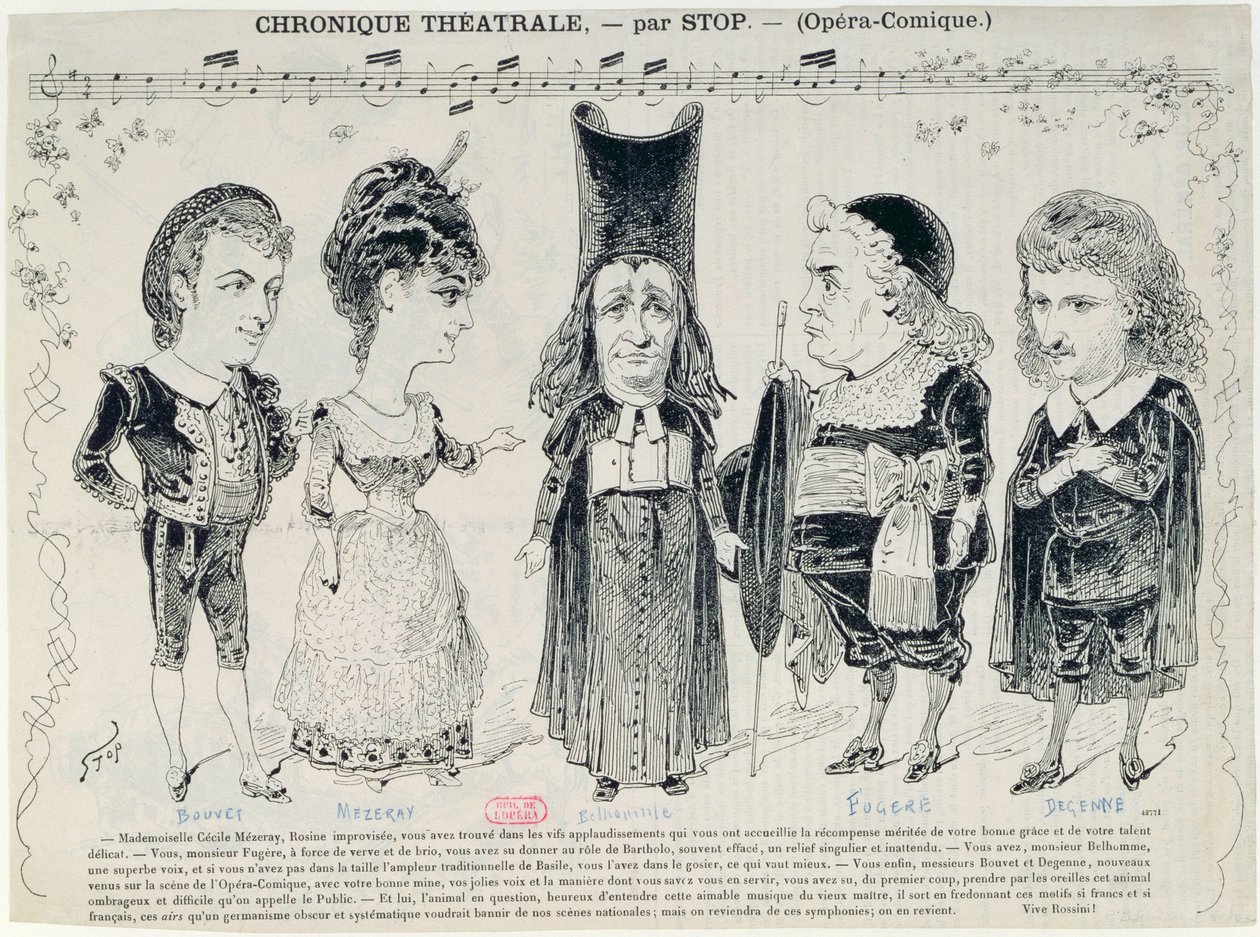 Öt karikatúra Gioachino Rossini (1792-1868) "A sevillai borbély" című francia produkciójának szereplőiről. alkotó: Unbekannt Unbekannt