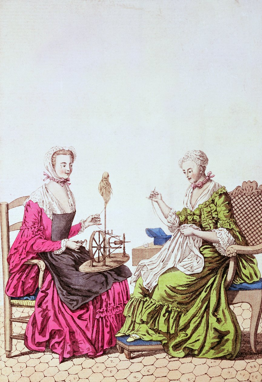 Női fonás és varrás, 1765 körül (színes gravírozás) alkotó: Unbekannt Unbekannt