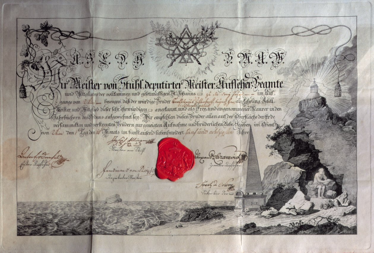 Szabadkőműves bizonyítvány, 1785 (rézmetszet és pecsét) alkotó: Unbekannt Unbekannt