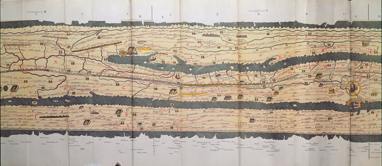 A Tabula Peutingeriana (Peutinger-tábla, Peutinger térkép) része, amely a Római Birodalom úthálózatának illusztrált útvonala Olaszország részlete a Peutinger térképmásolatból alkotó: Unbekannt Unbekannt