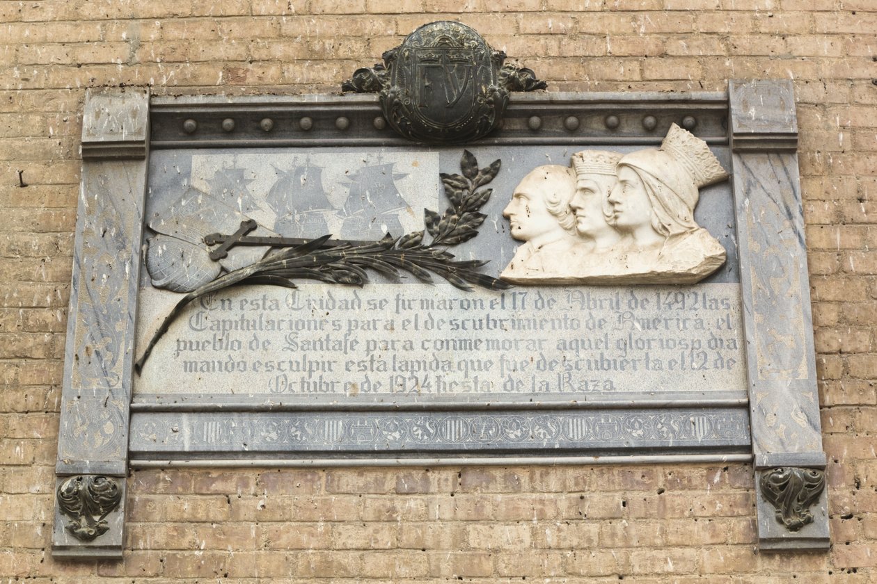 Emléktábla a katolikus uralkodók és Kolumbusz Kristóf között 1492. április 17-én megkötött szerződés aláírásának emlékére, amely az Újvilág európai felfedezését eredményezte alkotó: Unbekannt Unbekannt