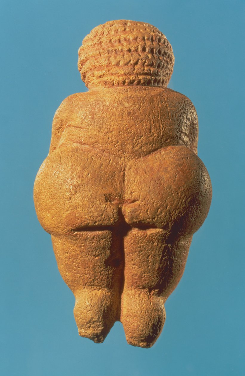 Willendorfi Vénusz, női figura hátulnézete, Gravetti kultúra, felső paleolit korszak, ie 30000-18000 körül (vörös okkerrel színezett oolitos mészkő) (lásd még: 54145 és 93777) alkotó: Unbekannt Unbekannt
