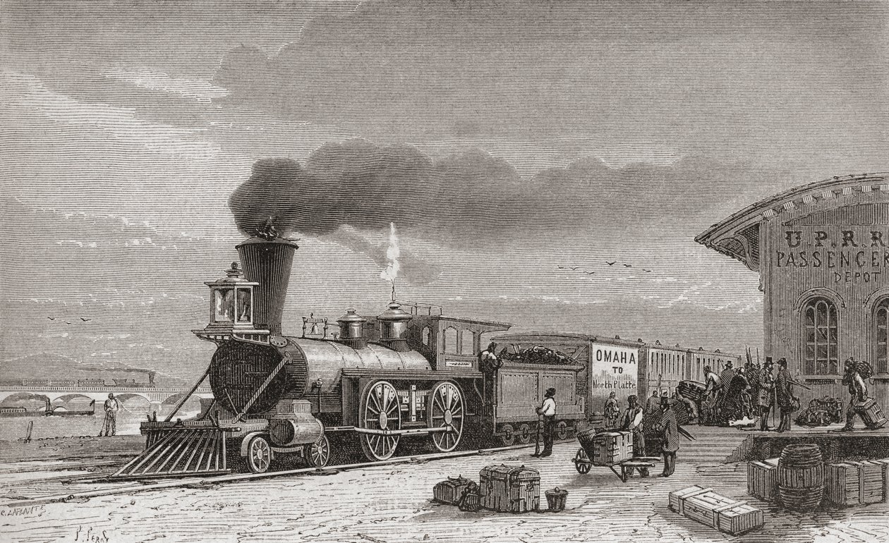A Nebraska állambeli omahai pályaudvar, a Pacific Railroad kiindulópontja, ahogy 1867-ben volt, illusztráció a „The World in the Hands” című művéből, Charles Laplante (megh. 1903) metszete, 1878-ban megjelent (en) alkotó: Unbekannt Unbekannt