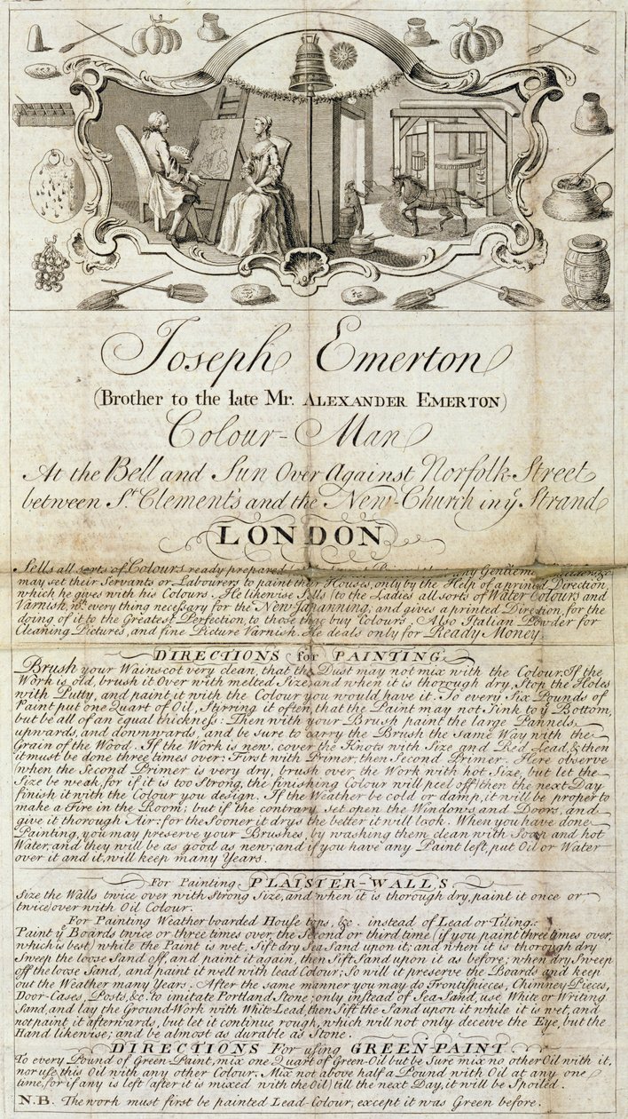 Joseph Emerton, Color Man kereskedelmi lapja. reklámanyagok festők és művészek számára, 1744 körül (nyomtatott papír) alkotó: Unbekannt Unbekannt