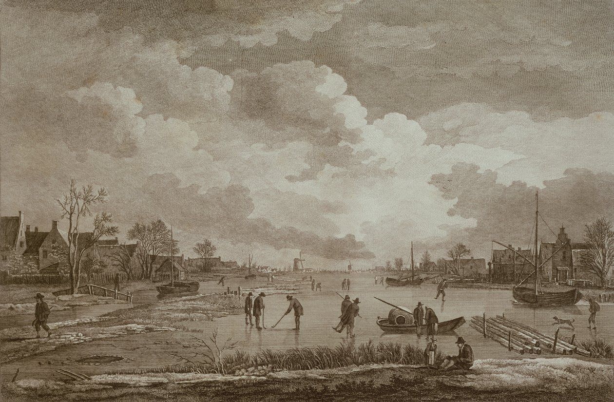 Tél, Golf a jégen, Van Drever rézmetszet, 1753 körül alkotó: Unbekannt Unbekannt