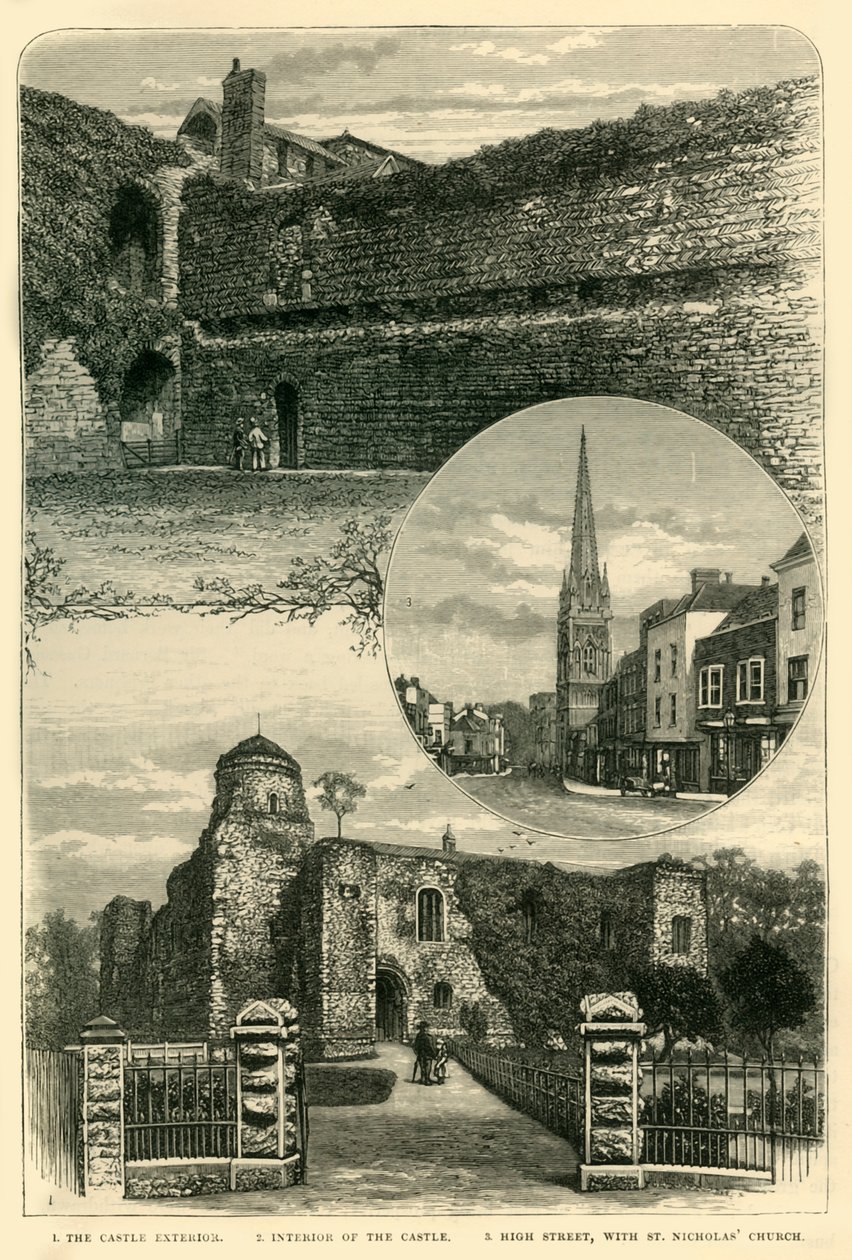 1. A kastély külseje. 2. A kastély belseje. 3. High Street, a Szent Miklós templommal, 1898 alkotó: Unbekannt