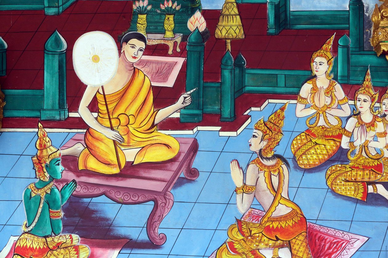20151029, Vientiane, Laosz : Wat Inpeng buddhista templom. Sákjamuni Buddha élettörténetét ábrázoló festmény alkotó: Unbekannt
