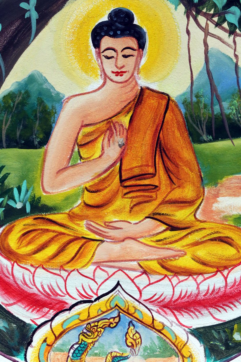 20151029, Vientiane, Laosz : Wat Inpeng buddhista templom. Sákjamuni Buddha élettörténetét ábrázoló festmény. A Tanító Buddha Buddha életének egy adott pillanatát ábrázolja, nevezetesen az első prédikációt, amelyet Buddha a megvilágosodás elérése után tart alkotó: Unbekannt