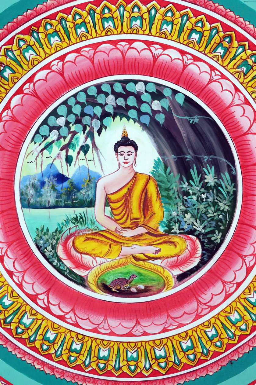 20151029, Vientiane, Laosz : Wat Inpeng buddhista templom. Sákjamuni Buddha élettörténetét ábrázoló festmény. Buddha meditációs pózban ül alkotó: Unbekannt
