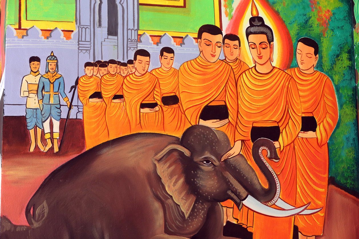 20151029, Vientiane, Laosz: Wat Si Muang (Simuong) buddhista templom. Sákjamuni Buddha élettörténetét ábrázoló festmény. Egy vad elefánt, akit szerető kedvesség szelídít meg alkotó: Unbekannt