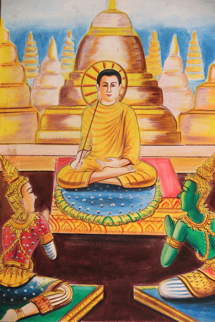 20151102, Vang Vieng, Laosz : Shakyamuni Buddha élettörténetét bemutató festmény. Buddha a tanításnak szentelte magát, több száz követőt vonzva magához alkotó: Unbekannt