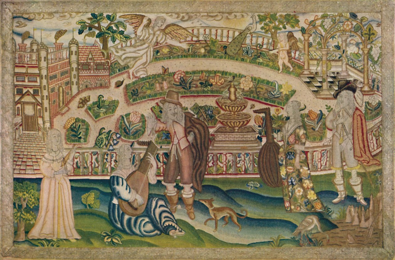 Kerti jelenet – Petit-Point képe I. Károly korának, 17. század eleje, 1928 alkotó: Unbekannt