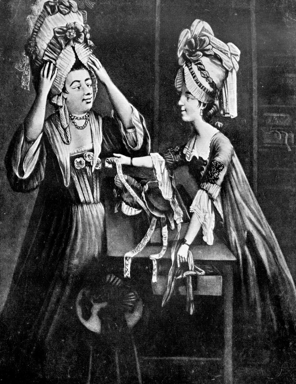 A Milliners Shop, Mrs. Monopolize, a hentes felesége, modern fejruhát vásárol, 1772 alkotó: Unbekannt