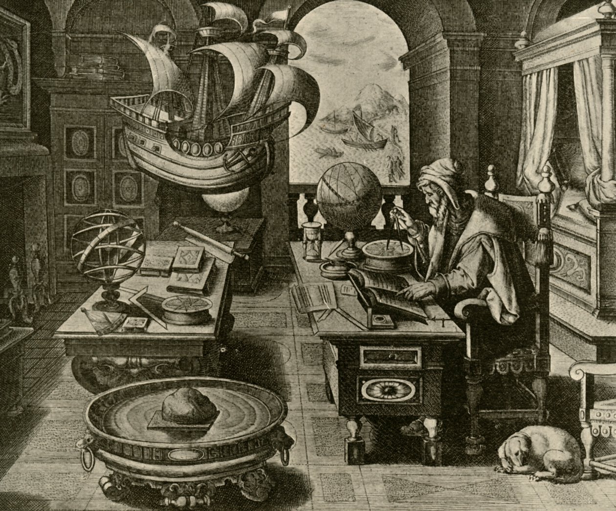 Egy navigációs szakértő dolgozik a Földgömb és iránytűvel végzett tanulmányában, c1591, 1928. alkotó: Unbekannt