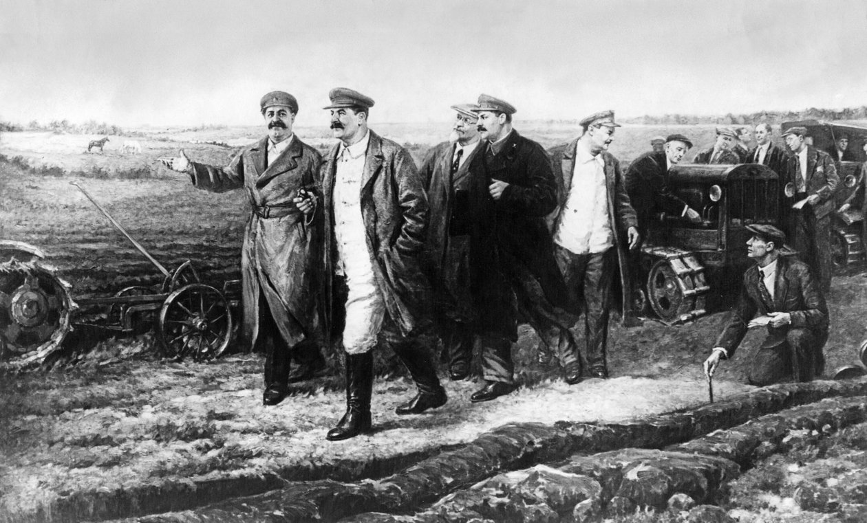 K, Finogenov, J, V, Sztálin, G, K, Ordjonikidze, M. I. Kalinin, L. M. Kaganovics és A. A. Zsdanov festménye az Auto-Tractor Institute kísérleti területén alkotó: Unbekannt