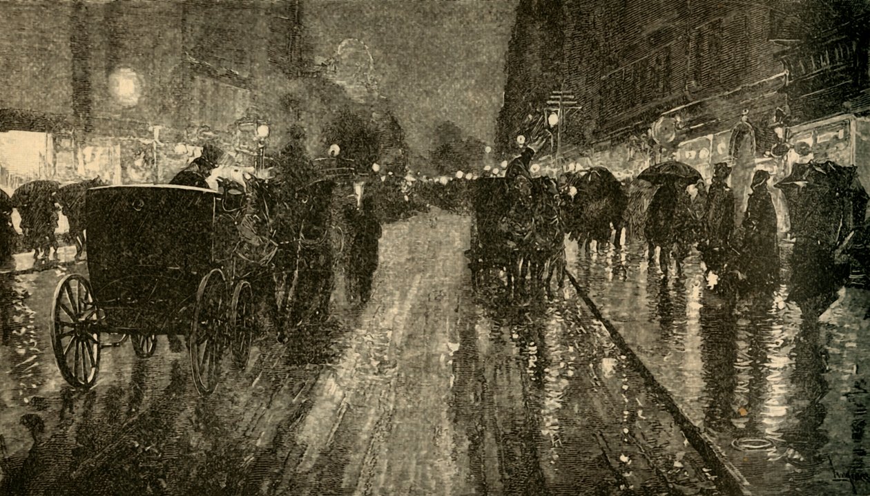 Esős éjszaka. - Villamossággal megvilágított utca, 1882. alkotó: Unbekannt