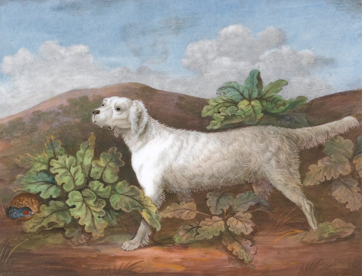 Egy szetter: balra néz, baloldalt egy fogoly rejtőzik a bojtorján, kb. 1805. alkotó: Unbekannt