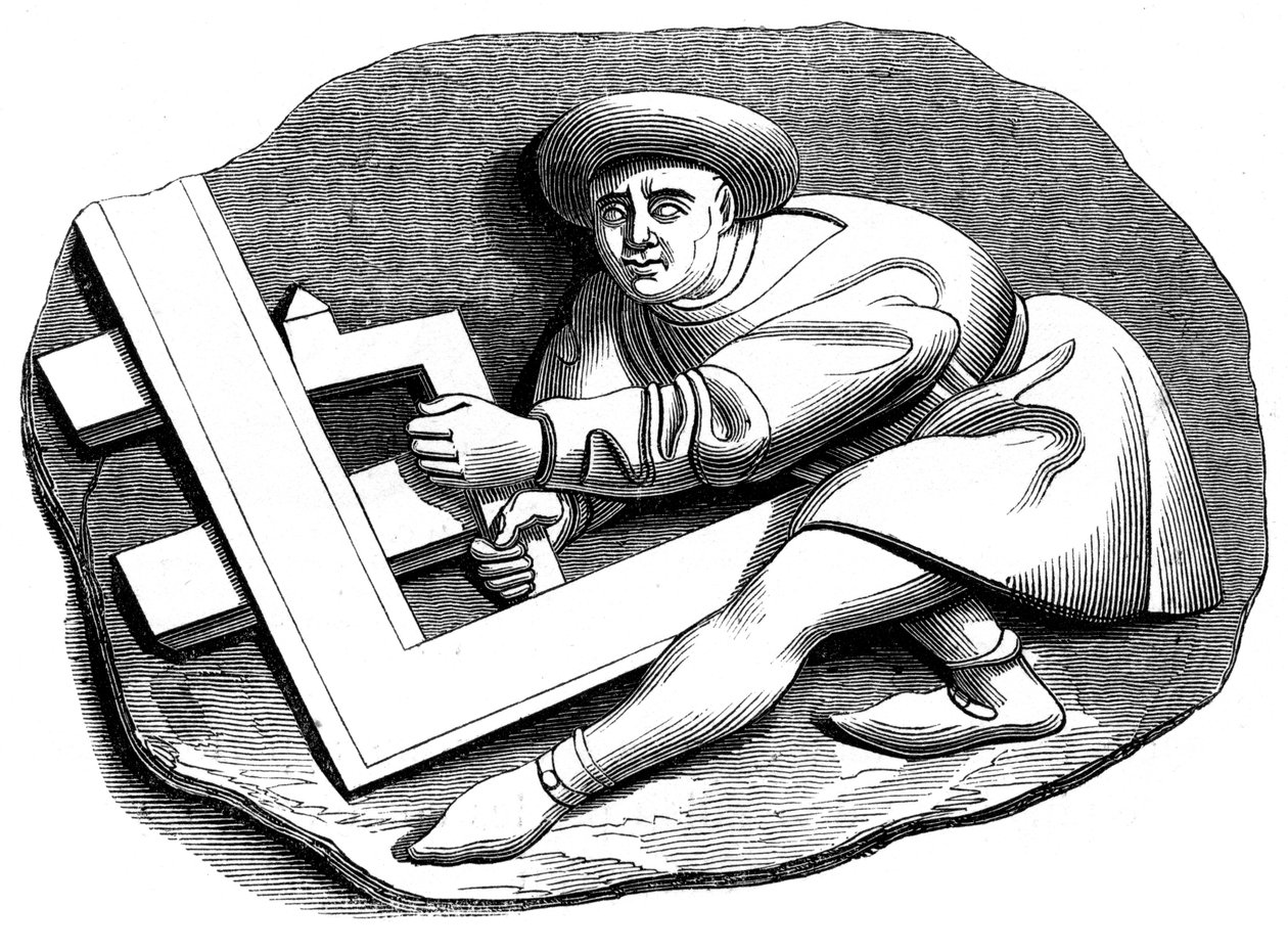 Próbadarabon dolgozó asztalos tanonc, 1849. XV. század alkotó: Unbekannt