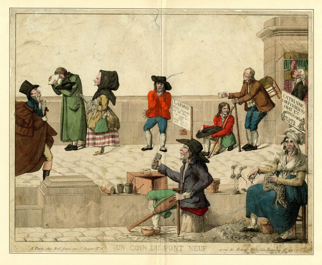 A párizsi Pont Neuf sarka, sánta koldusokkal és utcai árusokkal, 1813 körül. alkotó: Unbekannt