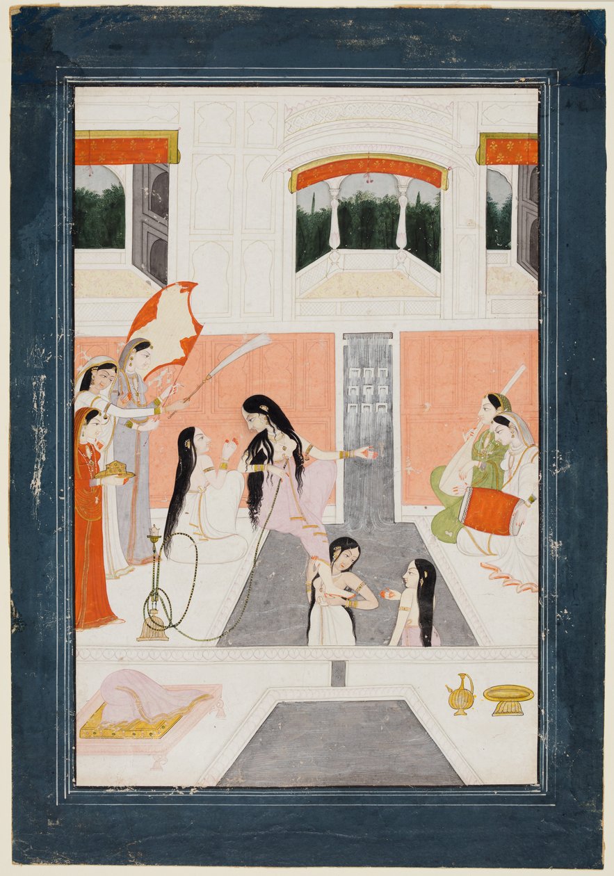 Egy hölgy a WC-nél zenét hallgat a palota vízesésénél, kb. 1780. alkotó: Unbekannt