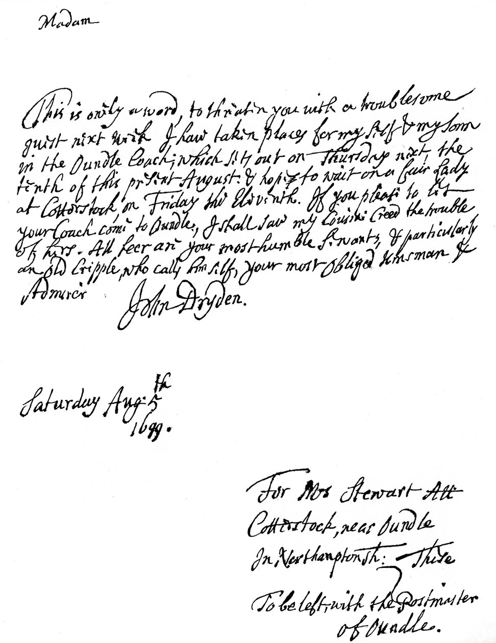 John Dryden 1631-12700 angol költő levele, 1699 1840 alkotó: Unbekannt