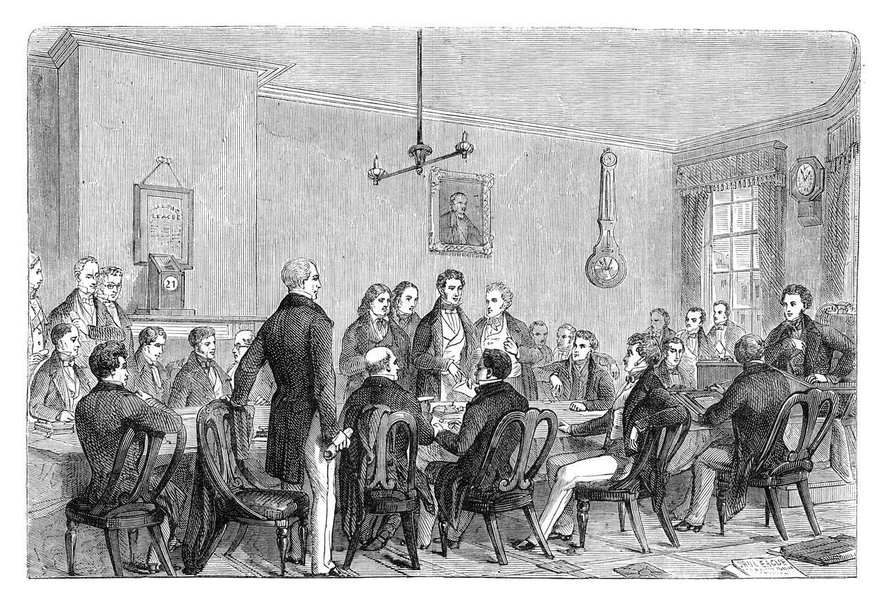 A Kukoricatörvény-ellenes Liga találkozója Newalls Buildingben, Manchester, 1838 c1895 alkotó: Unbekannt