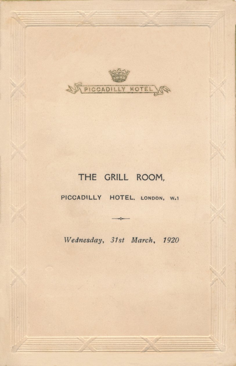A Piccadilly Hotel grilltermének menüje, London, 1920 alkotó: Unbekannt