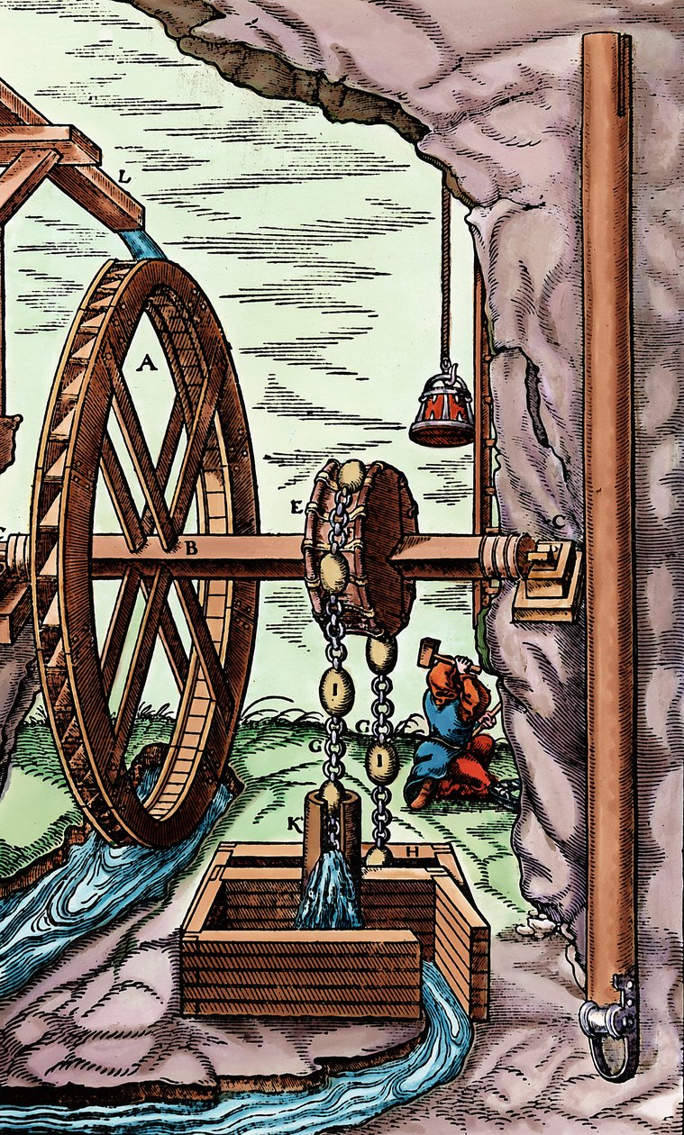 Egy bánya, amelyet túllőtt vízkerékkel hajtott láncos szivattyú ürít, 1556 alkotó: Unbekannt
