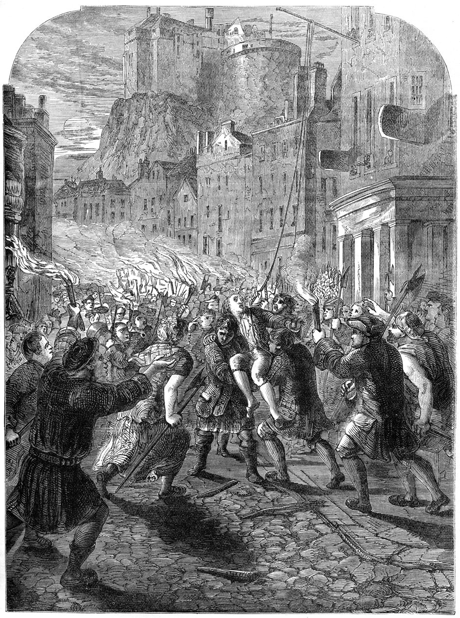 John Porteous kapitányt a kivégzésére szállító tömeg, Edinburgh, 1736 19. század alkotó: Unbekannt