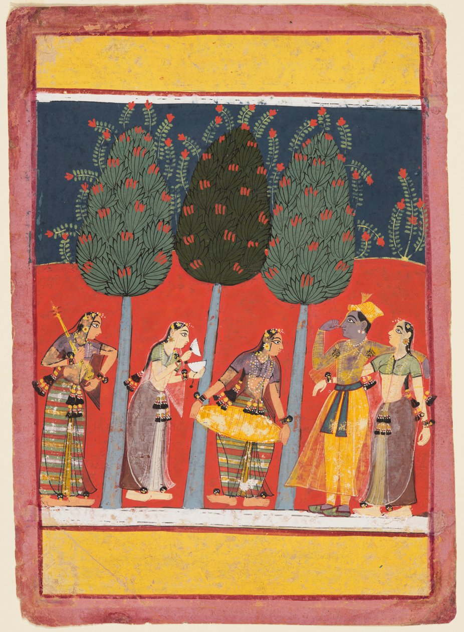 Egy oldal egy Rasikapriya sorozatból: Krishna és Radha és a Sakhis hangszerekkel, c. 1650 alkotó: Unbekannt