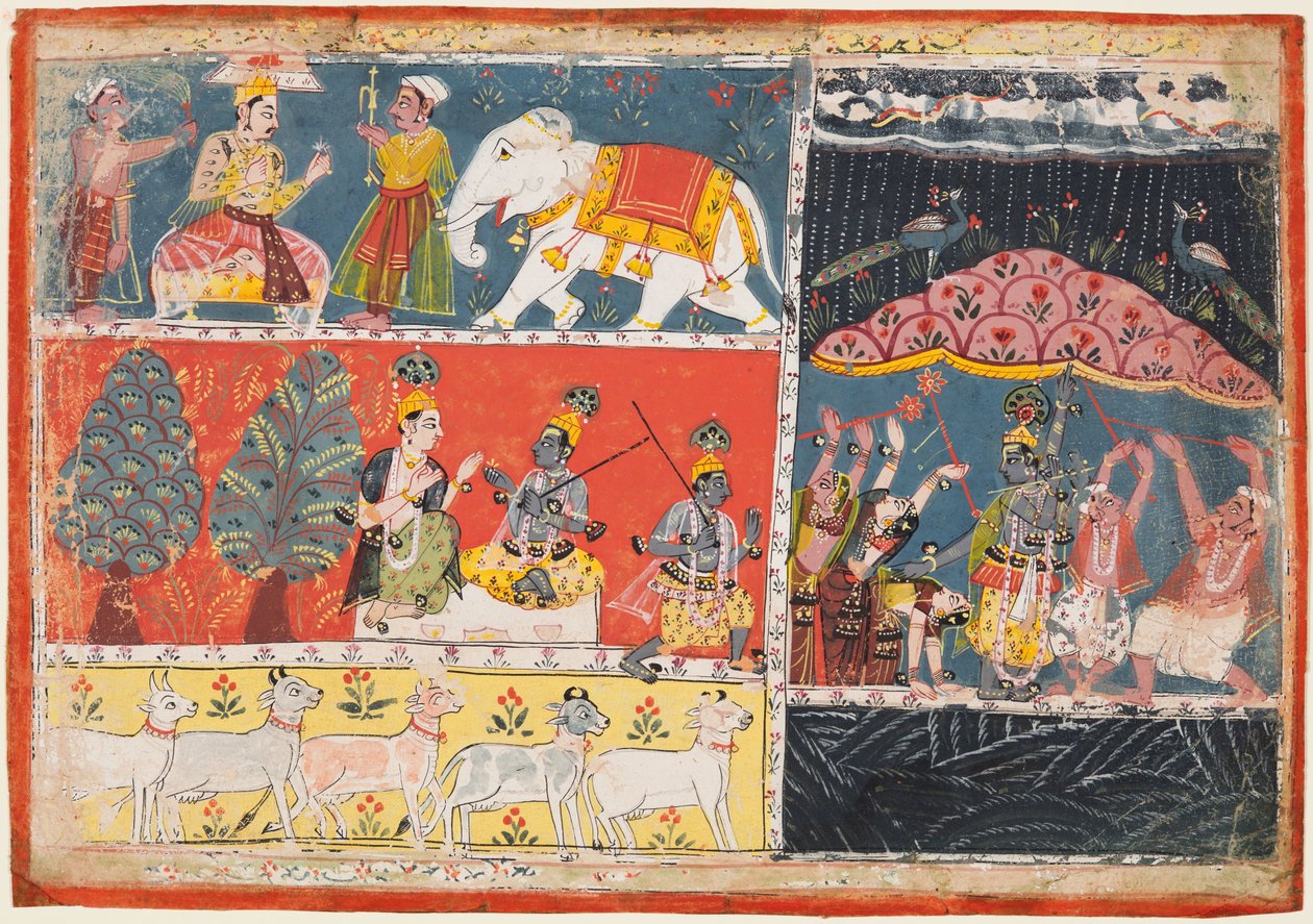 Egy oldal a Bhagavata Puránából: Indra esőzuhatagot küld, Krisna felemeli a Govardhana-hegyet, 1686. alkotó: Unbekannt